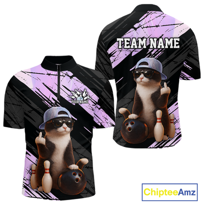 Custom Funny Cat Holographic Bowling Jersey for Men Bowling Polo & 1/4 Zip Bowling Team Shirts HNT198