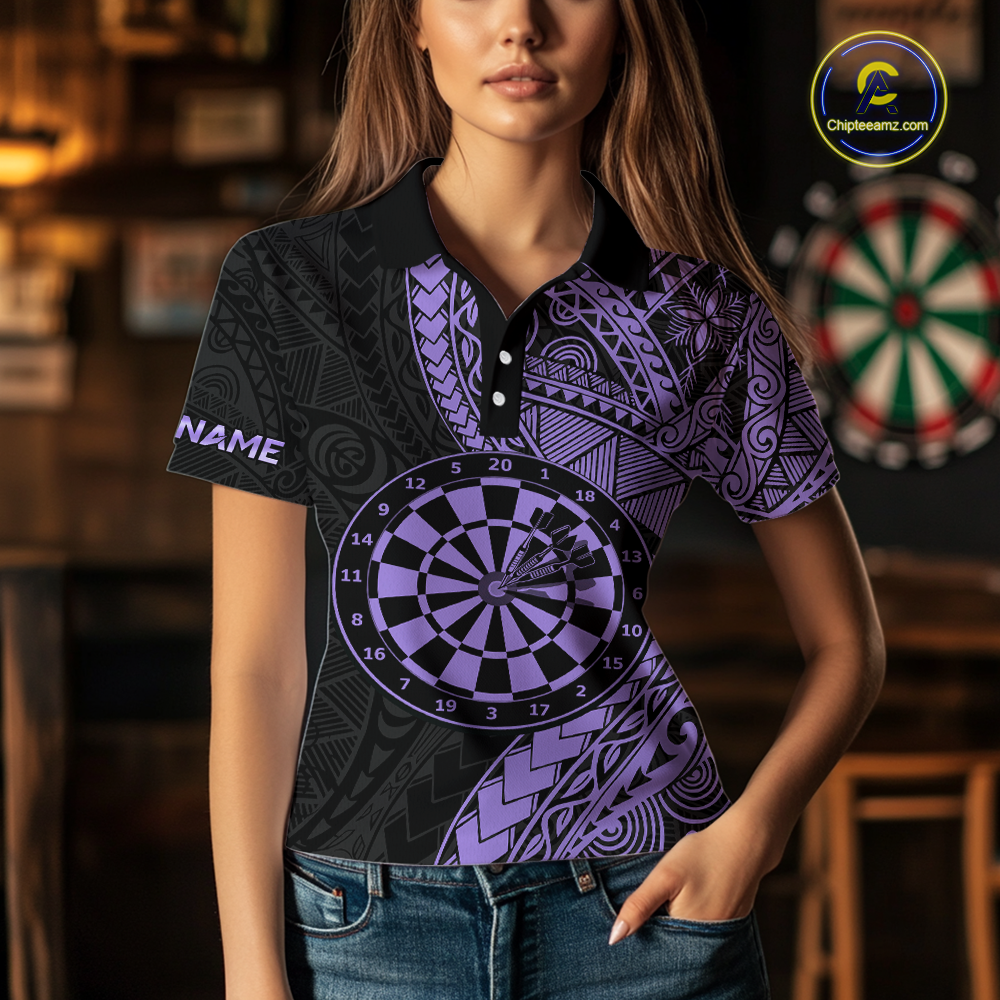 Custom Purple Tribal Dart Shirts for Women Dart Team Jersey Dartboard Gifts Polo & 1/4 Zip NNT163