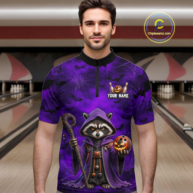 A man wearing a purple bowling-themed short-sleeve quarter-zip shirt with a cartoon raccoon in a hood holding a pumpkin and staff, set against a bowling alley background. A circular 'ChipteeAmz'.