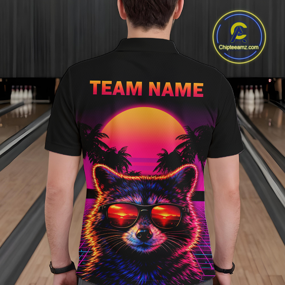 Custom Funny Raccoon Retro Sunset Bowling Jersey for Men Bowling Uniform Bowling Team Shirts HNT280
