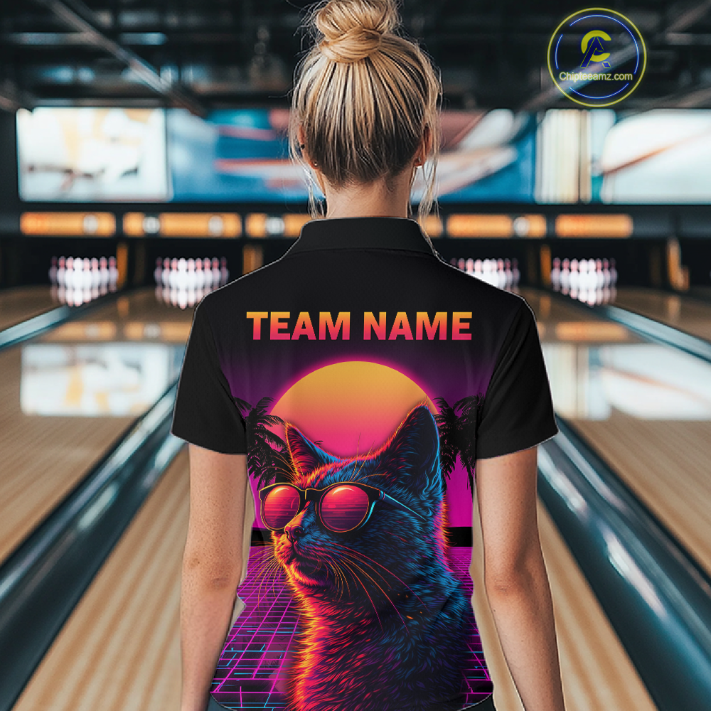 Custom Funny Cat Retro Sunset Bowling Jersey for Women Bowling Uniform Bowling Team Shirts HNT279