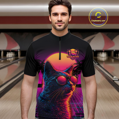 Custom Funny Cat Retro Sunset Bowling Jersey for Men Bowling Uniform Bowling Team Shirts HNT279