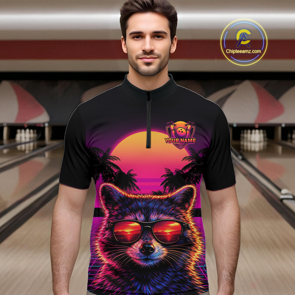 Custom Funny Raccoon Retro Sunset Bowling Jersey for Men Bowling Uniform Bowling Team Shirts HNT280
