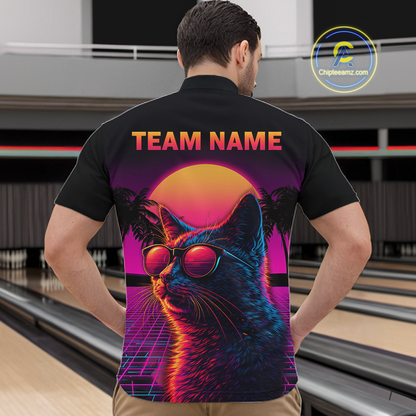 Custom Funny Cat Retro Sunset Bowling Jersey for Men Bowling Uniform Bowling Team Shirts HNT279