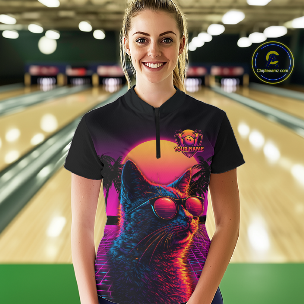 Custom Funny Cat Retro Sunset Bowling Jersey for Women Bowling Uniform Bowling Team Shirts HNT279