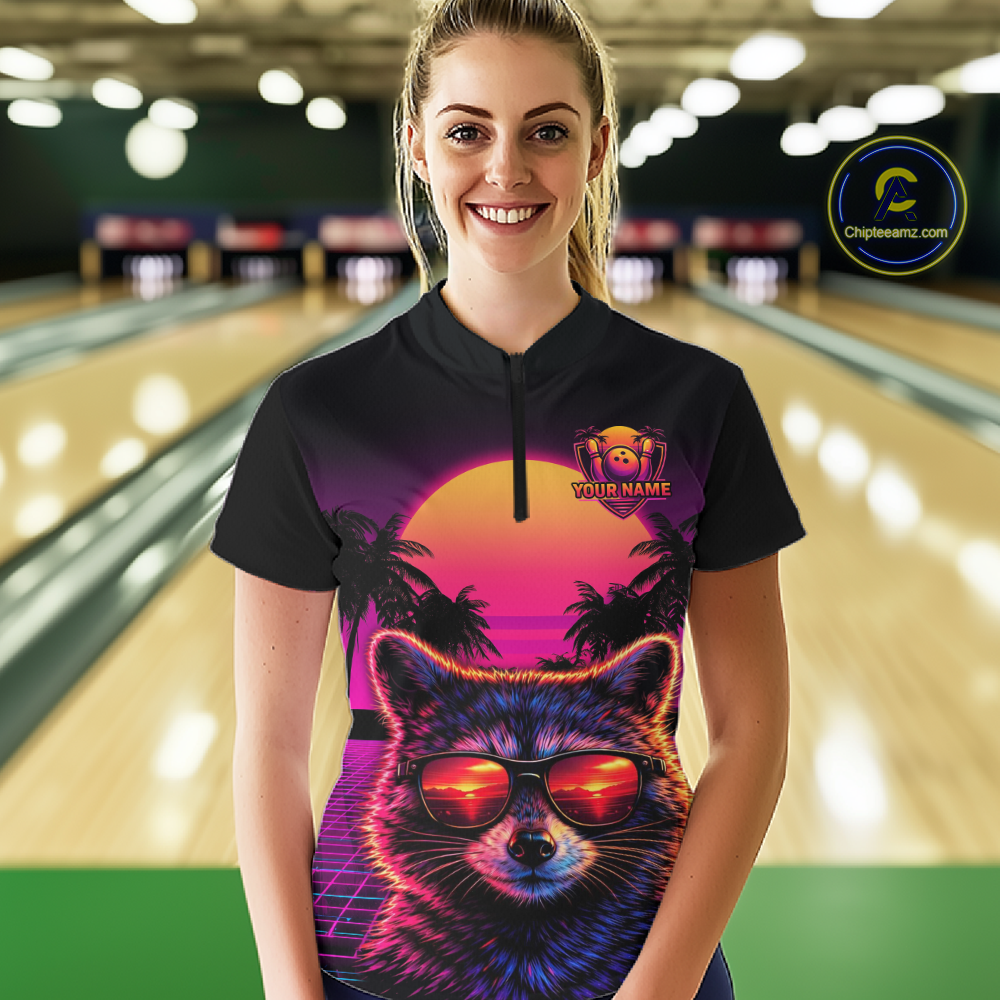 Custom Funny Raccoon Retro Sunset Bowling Jersey for Women Bowling Uniform Bowling Team Shirts HNT280