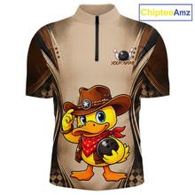 Load image into Gallery viewer, Beige shirt with a cartoon duck wearing a cowboy hat and holding a bowling ball, branded 'ChipteeAmz'.