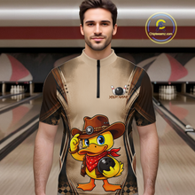 Load image into Gallery viewer, Man wearing a bowling shirt with a duck design in a bowling alley