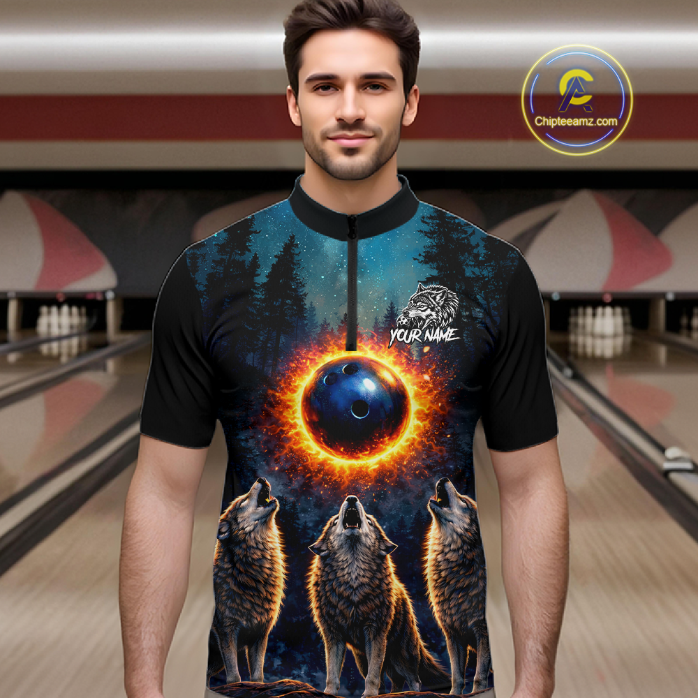 Flame Wolf Bowling Jersey for Men Bowling Uniform Polo &1/4 Zip Custom Bowling Team Shirts HNT252