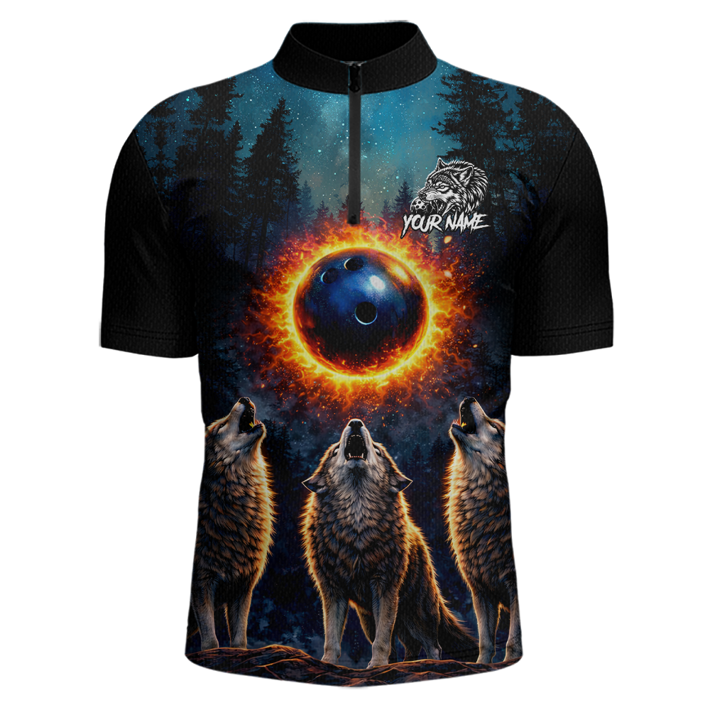 Flame Wolf Bowling Jersey for Men Bowling Uniform Polo &1/4 Zip Custom Bowling Team Shirts HNT252