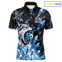 Load image into Gallery viewer, Black polo shirt with a wolf and bowling ball design, featuring the brand 'ChipteeAmz'.