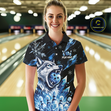 Load image into Gallery viewer, Woman wearing a bowling shirt with a wolf design in a bowling alley