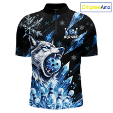 Load image into Gallery viewer, Black t-shirt with a wolf holding a bowling ball design, featuring snowflakes and ice crystals, with 'ChipteeAmz' branding.