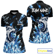 Load image into Gallery viewer, Two polo shirts with wolf design and 'Team Name' text, featuring blue and black color scheme.