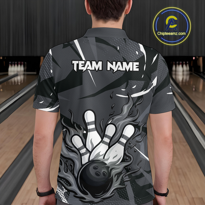 Custom Flame Bowling Jersey for Men Polo & 1/4 Zip Bowling Team Shirts Bowling League HNT151