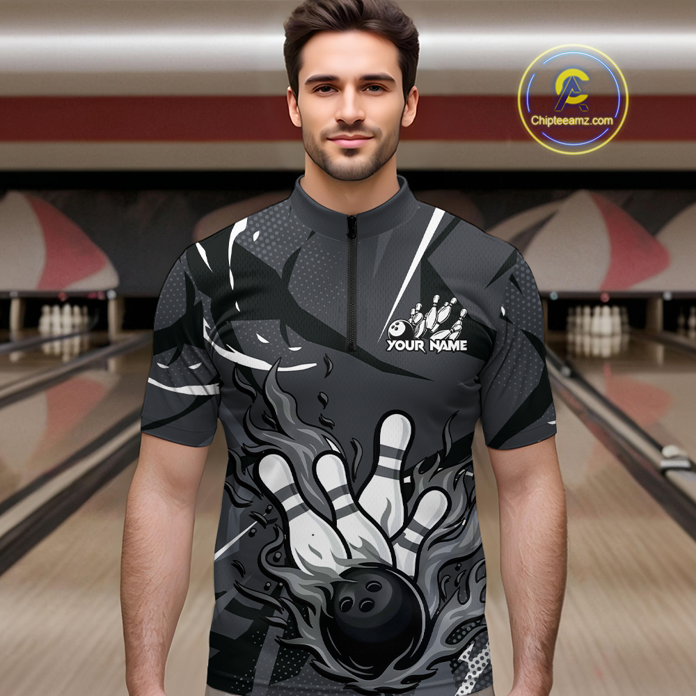 Custom Flame Bowling Jersey for Men Polo & 1/4 Zip Bowling Team Shirts Bowling League HNT151