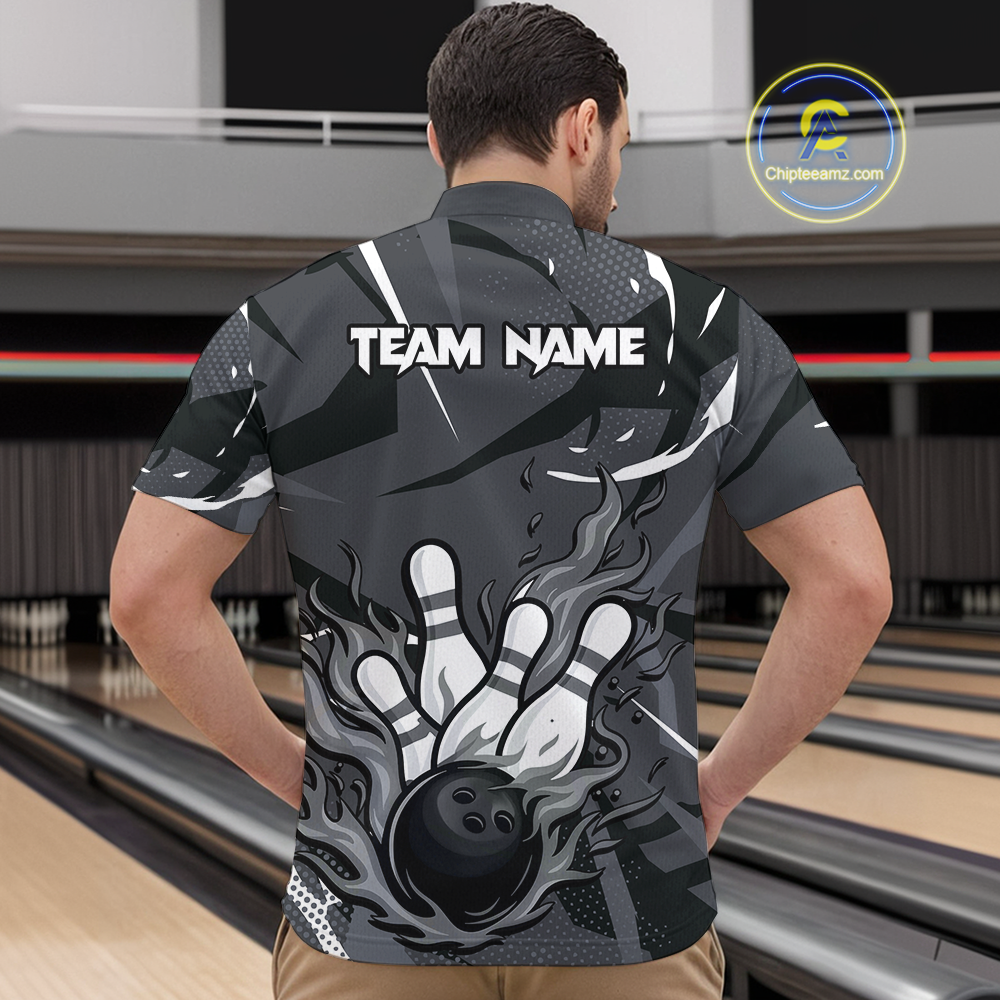 Custom Flame Bowling Jersey for Men Polo & 1/4 Zip Bowling Team Shirts Bowling League HNT151