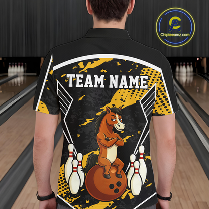 Custom Yellow Funny Horse Bowling Tournament Jersey for Men Bowling Team Shirts Polo & 1/4 Zip HNT180