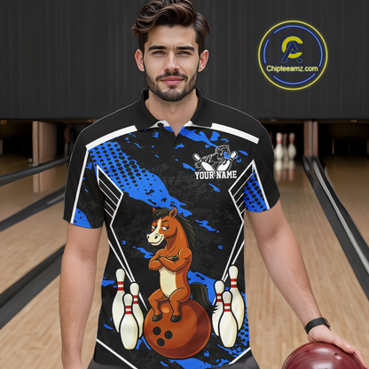 Custom Blue Funny Horse Bowling Tournament Jersey for Men Bowling Team Shirts Polo & 1/4 Zip HNT180