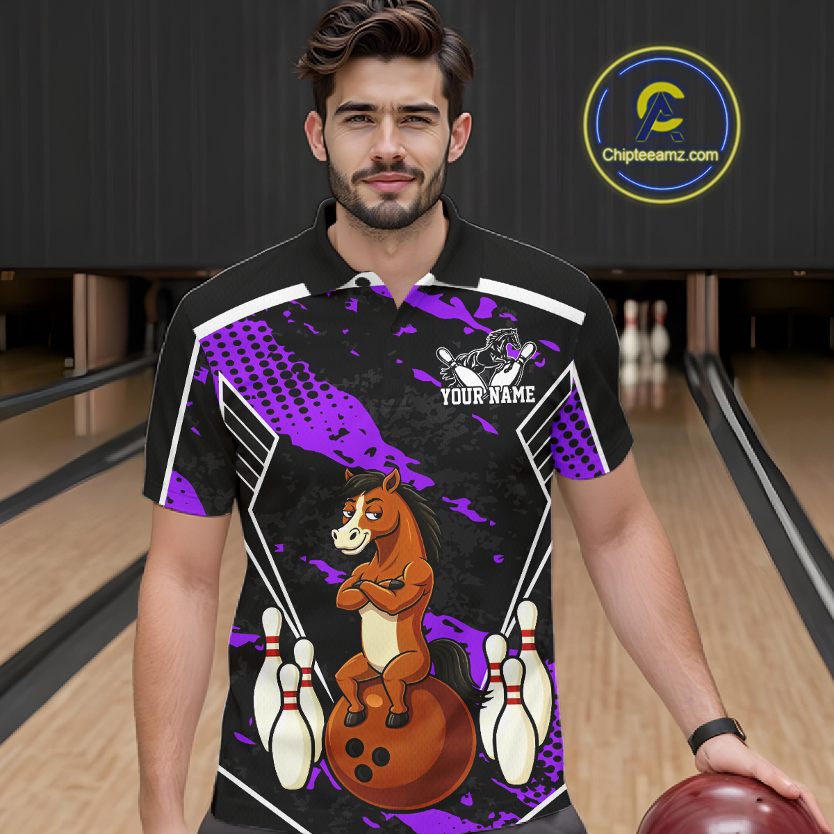 Custom Purple Funny Horse Bowling Tournament Jersey for Men Bowling Team Shirts Polo & 1/4 Zip HNT180