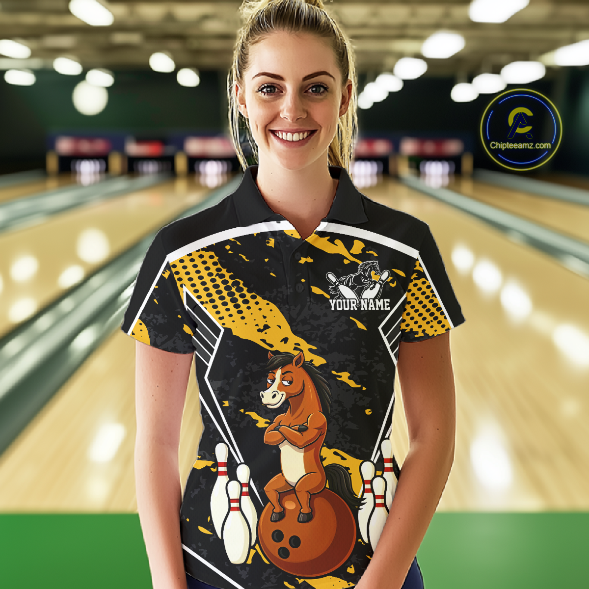 Custom Yellow Funny Horse Bowling Tournament Jersey for Women Bowling Team Shirts Polo & 1/4 Zip HNT180