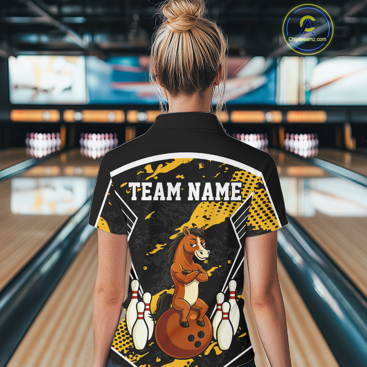 Custom Yellow Funny Horse Bowling Tournament Jersey for Women Bowling Team Shirts Polo & 1/4 Zip HNT180