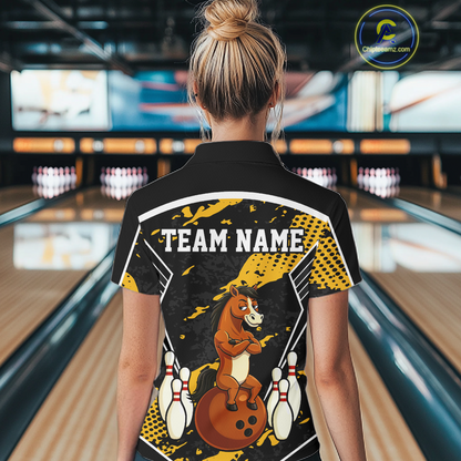 Custom Yellow Funny Horse Bowling Tournament Jersey for Women Bowling Team Shirts Polo & 1/4 Zip HNT180