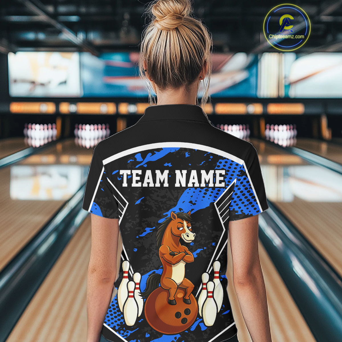 Custom Blue Funny Horse Bowling Tournament Jersey for Women Bowling Team Shirts Polo & 1/4 Zip HNT180