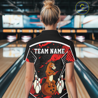Custom Red Funny Horse Bowling Tournament Jersey for Women Bowling Team Shirts Polo & 1/4 Zip HNT180