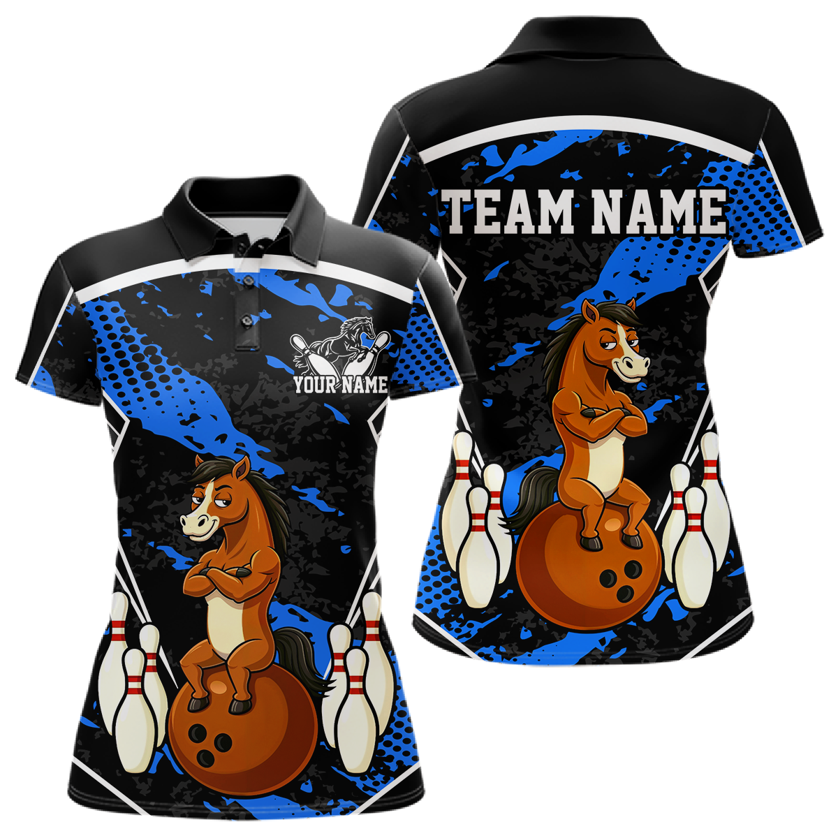 Custom Blue Funny Horse Bowling Tournament Jersey for Women Bowling Team Shirts Polo & 1/4 Zip HNT180
