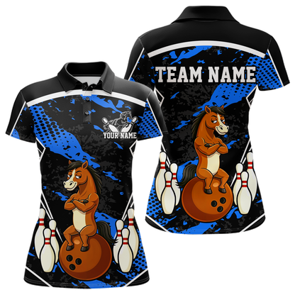 Custom Blue Funny Horse Bowling Tournament Jersey for Women Bowling Team Shirts Polo & 1/4 Zip HNT180