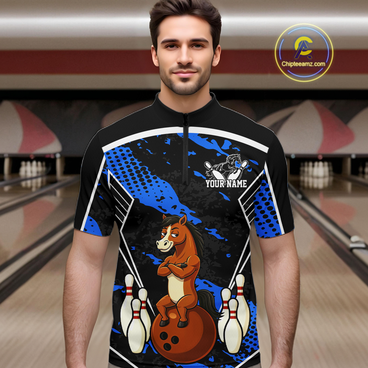 Custom Blue Funny Horse Bowling Tournament Jersey for Men Bowling Team Shirts Polo & 1/4 Zip HNT180