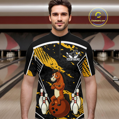 Custom Yellow Funny Horse Bowling Tournament Jersey for Men Bowling Team Shirts Polo & 1/4 Zip HNT180