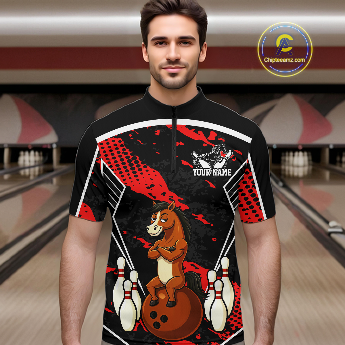 Custom Red Funny Horse Bowling Tournament Jersey for Men Bowling Team Shirts Polo & 1/4 Zip HNT180