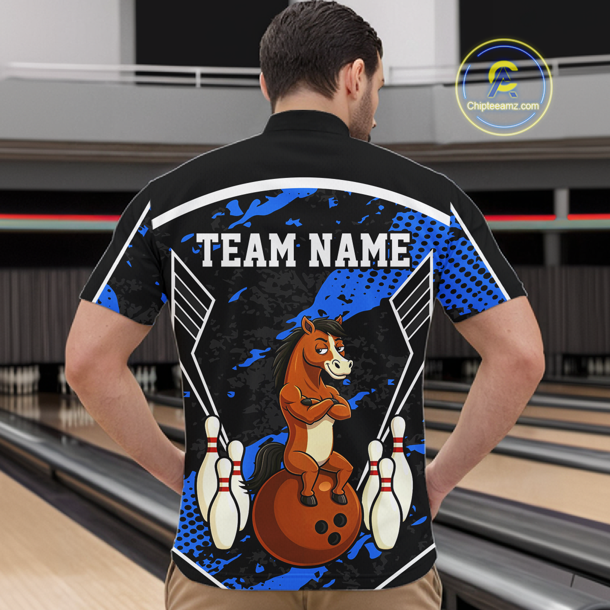 Custom Blue Funny Horse Bowling Tournament Jersey for Men Bowling Team Shirts Polo & 1/4 Zip HNT180