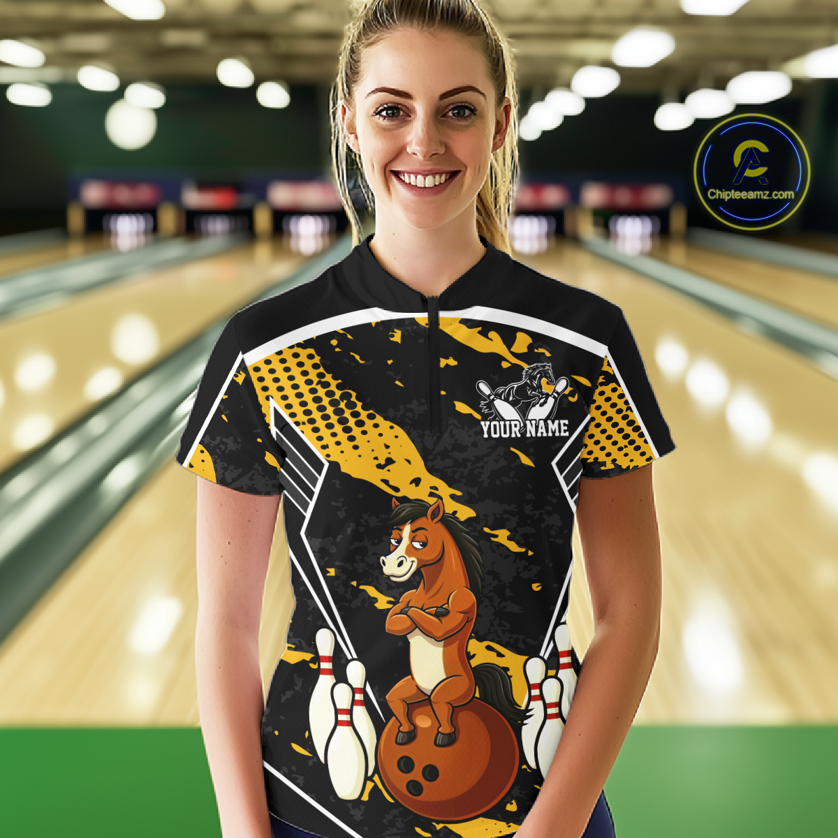 Custom Yellow Funny Horse Bowling Tournament Jersey for Women Bowling Team Shirts Polo & 1/4 Zip HNT180