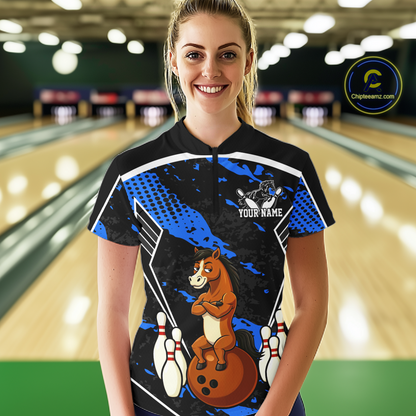 Custom Blue Funny Horse Bowling Tournament Jersey for Women Bowling Team Shirts Polo & 1/4 Zip HNT180