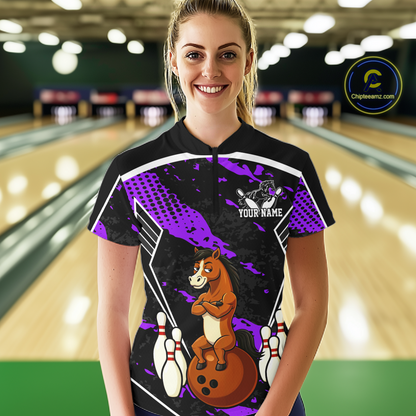 Custom Purple Funny Horse Bowling Tournament Jersey for Women Bowling Team Shirts Polo & 1/4 Zip HNT180