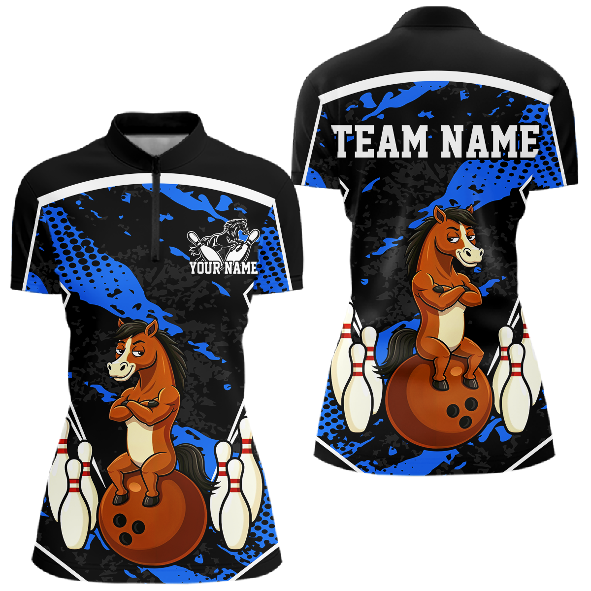 Custom Blue Funny Horse Bowling Tournament Jersey for Women Bowling Team Shirts Polo & 1/4 Zip HNT180
