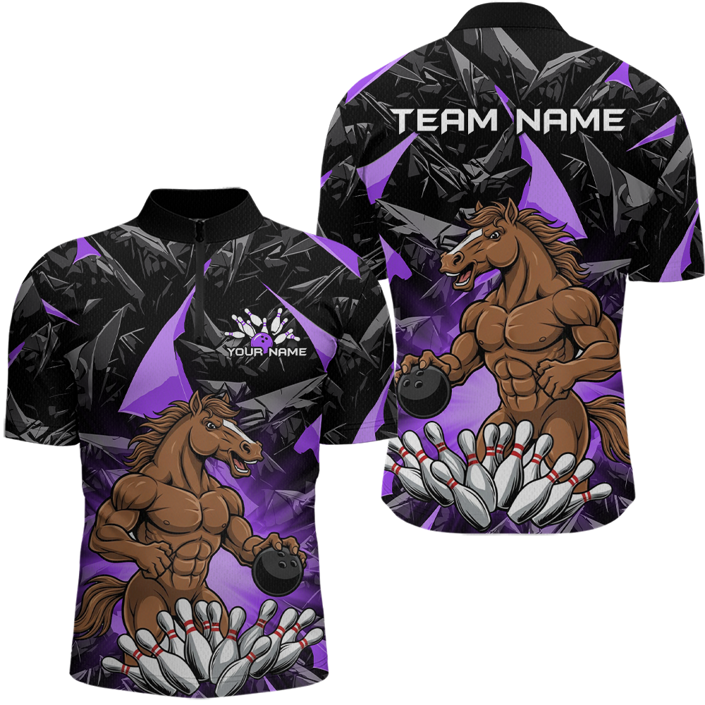 Custom Purple Funny Horse Bowling Jersey for Men Bowling Team Shirts Bowling League Polo & 1/4 Zip HNT183