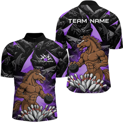 Custom Purple Funny Horse Bowling Jersey for Men Bowling Team Shirts Bowling League Polo & 1/4 Zip HNT183