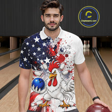 Load image into Gallery viewer, Men’s us flag chicken bowling polo shirt, front view on male model in bowling lane 