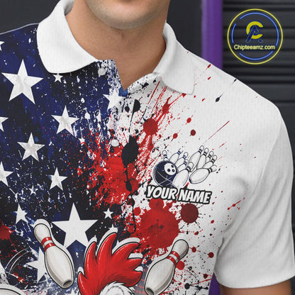 Men’s us flag chicken bowling polo shirt with custom name, angled front view showing custom team design 
