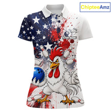 Load image into Gallery viewer, Custom us flag chicken bowling jersey for women, personalized team bowling polo shirt front view