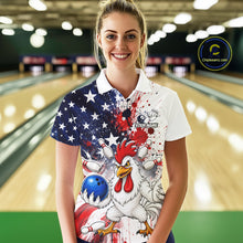 Load image into Gallery viewer, Women’s us flag chicken bowling polo shirt, front view on female model in bowling lane 