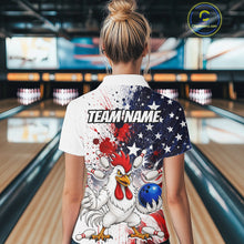 Load image into Gallery viewer, Women’s us flag chicken bowling quarter zip shirt, back view on female model in bowling lane 