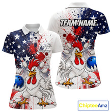 Load image into Gallery viewer, Custom us flag chicken bowling jersey for women, personalized team bowling polo shirt front view and back view