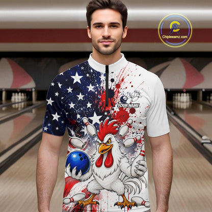 Men’s us flag chicken bowling quarter zip shirt, front view on male model in bowling lane 