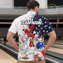Load image into Gallery viewer, Men’s us flag chicken bowling quarter zip shirt, back view on male model in bowling lane 
