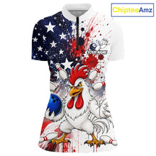 Load image into Gallery viewer, Custom us flag chicken bowling jersey for women, personalized team bowling quarter zip shirt front view